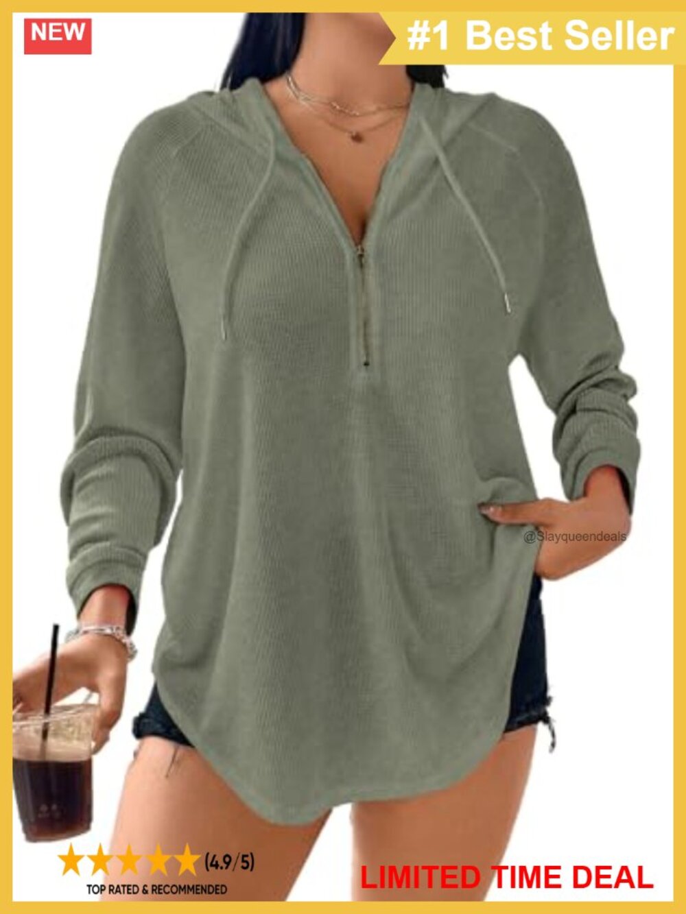 Plus Size Waffle Knit Half Zip Sweatshirt Long Sleeve Drawstring Loose Fit